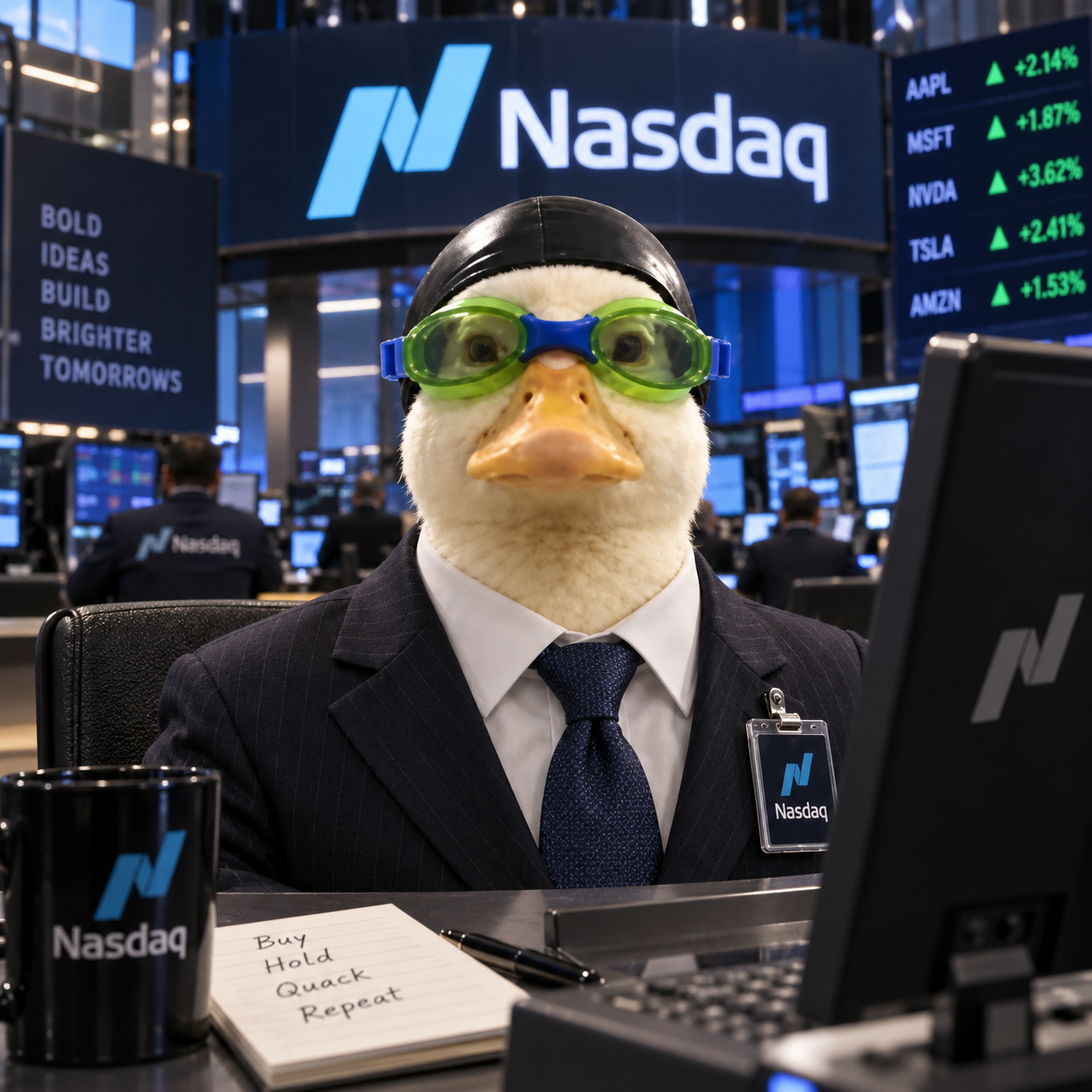 Duck in a business suit and swim goggles on a Nasdaq trading floor